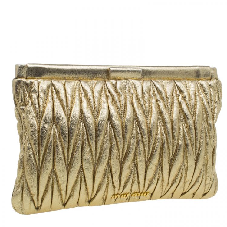 Pre Owned Miu Miu Gold Matelasse Leather Frame Clutch 