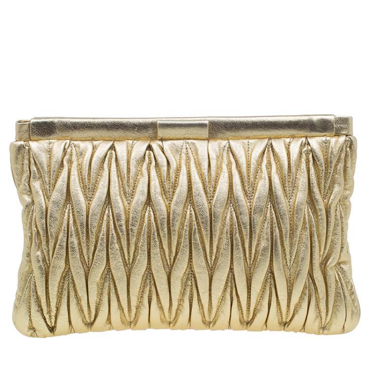 Pre Owned Miu Miu Gold Matelasse Leather Frame Clutch 