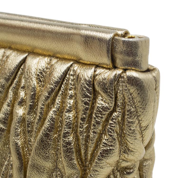 Pre Owned Miu Miu Gold Matelasse Leather Frame Clutch 