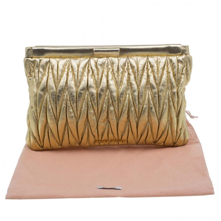 Pre Owned Miu Miu Gold Matelasse Leather Frame Clutch 