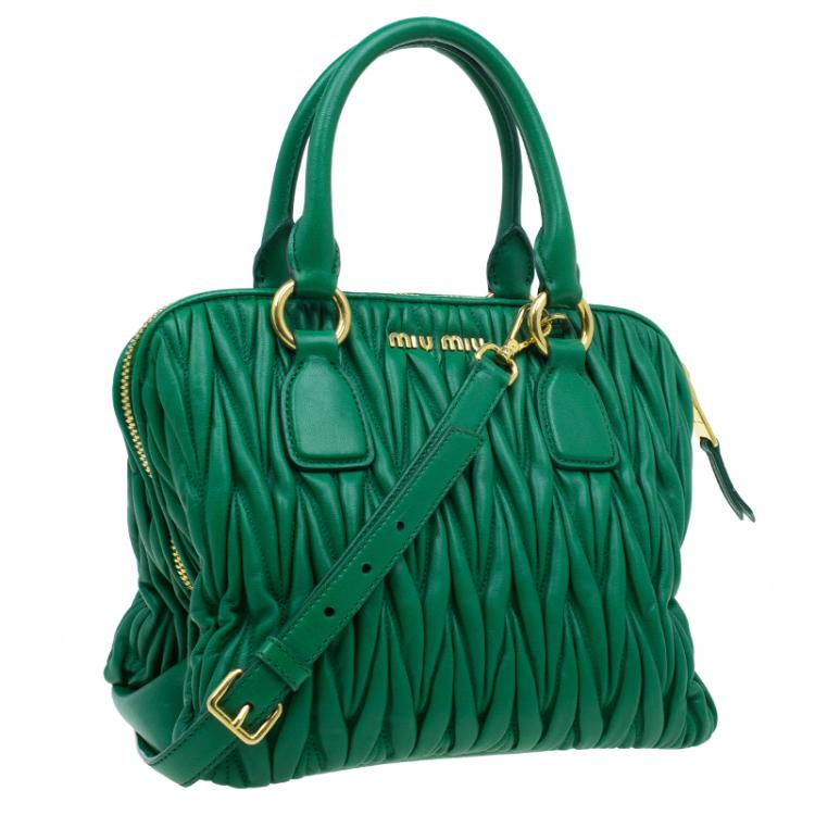 Pre Owned Miu Miu Green Matelasse Leather Small Bauletto Top Handle Bag