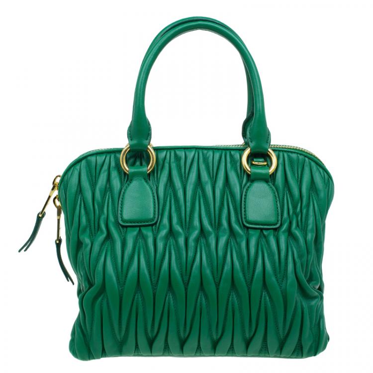 Pre Owned Miu Miu Green Matelasse Leather Small Bauletto Top Handle Bag