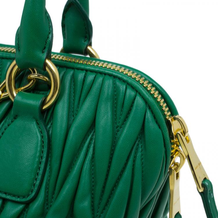 Pre Owned Miu Miu Green Matelasse Leather Small Bauletto Top Handle Bag