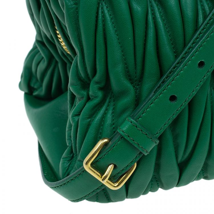 Pre Owned Miu Miu Green Matelasse Leather Small Bauletto Top Handle Bag