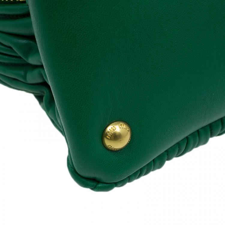 Pre Owned Miu Miu Green Matelasse Leather Small Bauletto Top Handle Bag