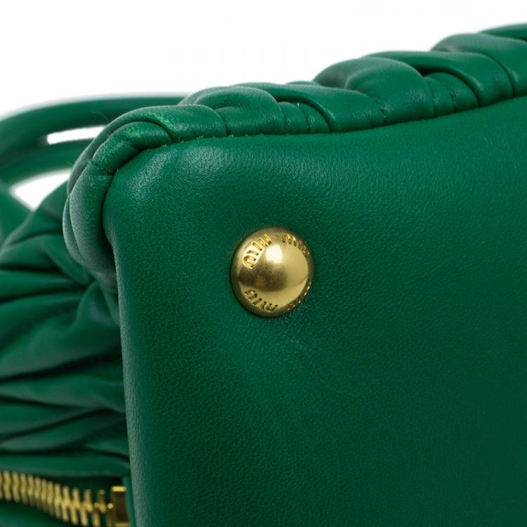 Pre Owned Miu Miu Green Matelasse Leather Small Bauletto Top Handle Bag