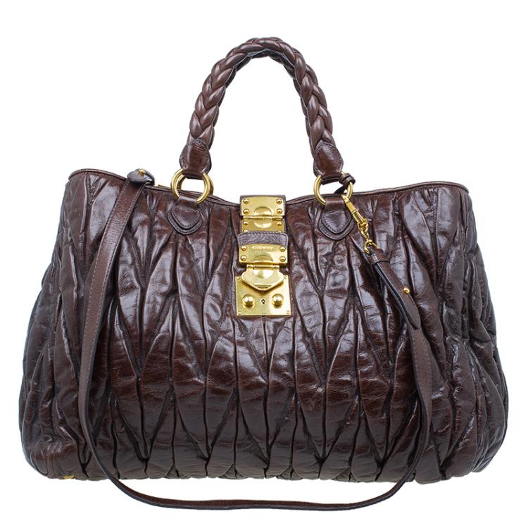 Pre Owned Miu Miu Bruciato Leather Large Matelasse Tote Shoulder Bag
