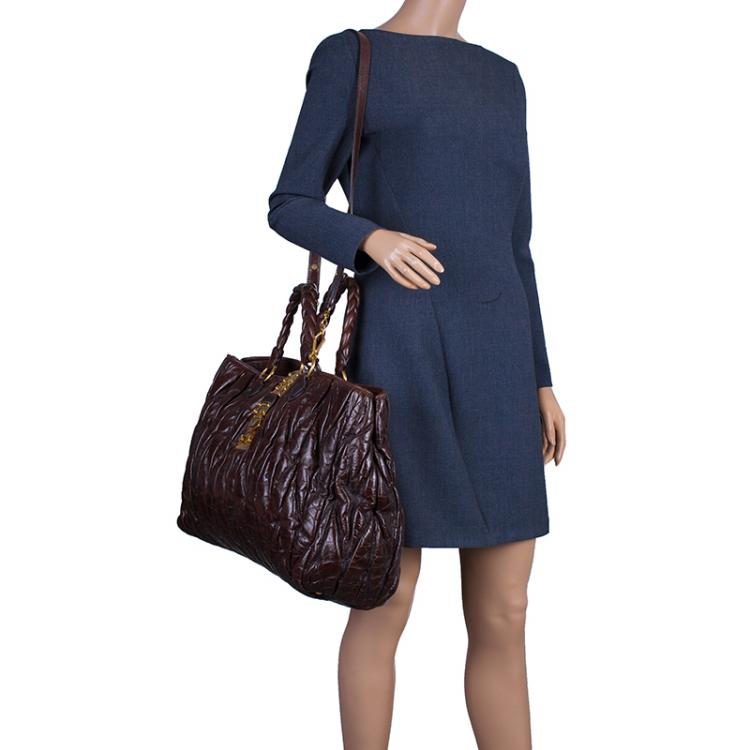 Pre Owned Miu Miu Bruciato Leather Large Matelasse Tote Shoulder Bag