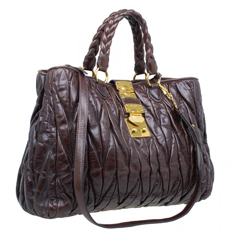 Pre Owned Miu Miu Bruciato Leather Large Matelasse Tote Shoulder Bag