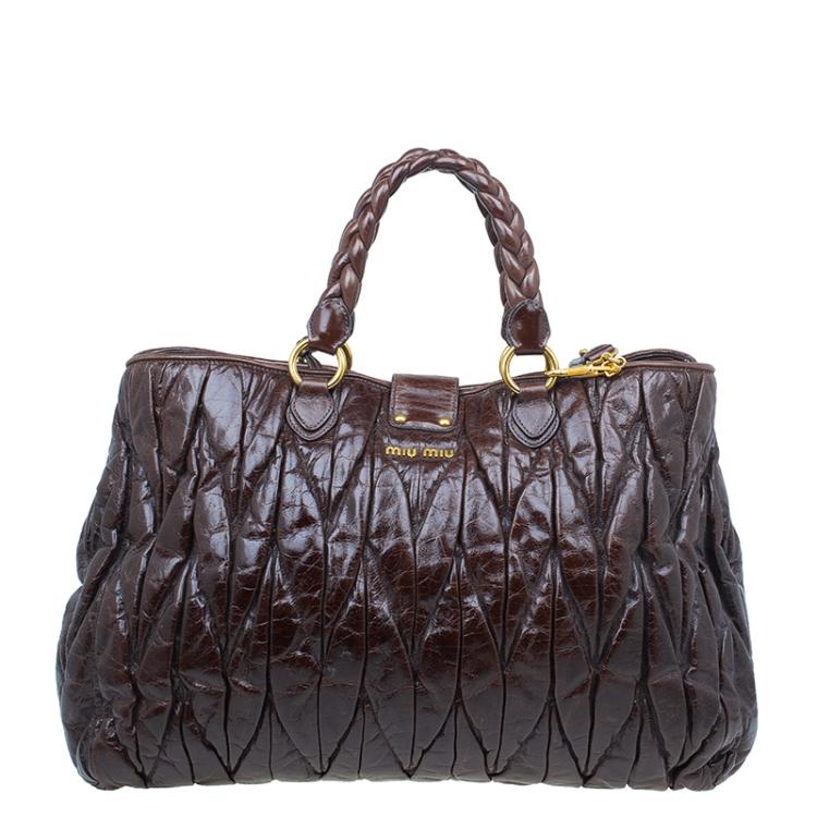 Pre Owned Miu Miu Bruciato Leather Large Matelasse Tote Shoulder Bag
