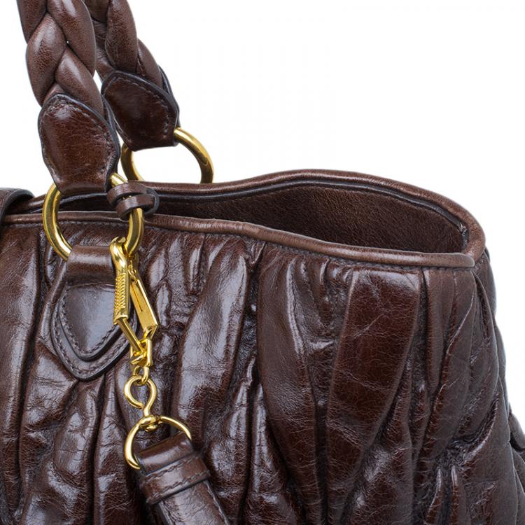 Pre Owned Miu Miu Bruciato Leather Large Matelasse Tote Shoulder Bag