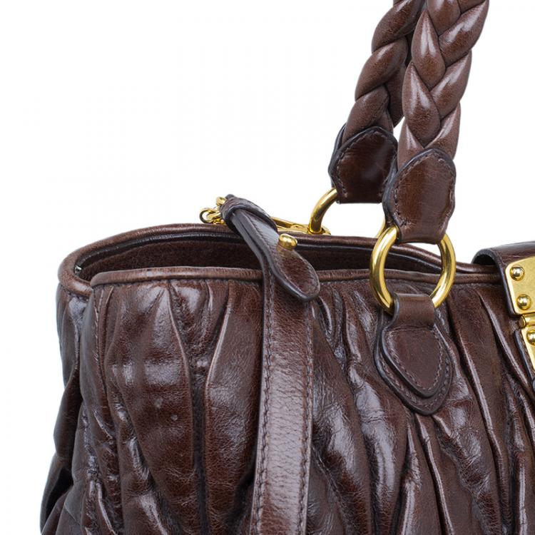 Pre Owned Miu Miu Bruciato Leather Large Matelasse Tote Shoulder Bag