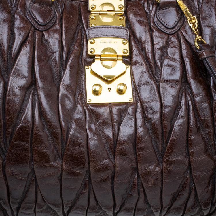 Pre Owned Miu Miu Bruciato Leather Large Matelasse Tote Shoulder Bag