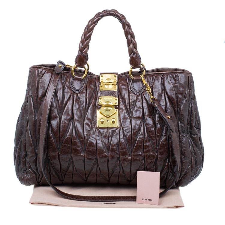 Pre Owned Miu Miu Bruciato Leather Large Matelasse Tote Shoulder Bag