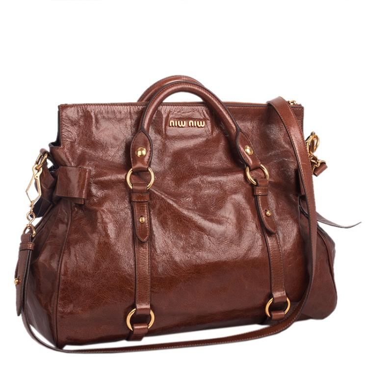 Pre Owned Miu Miu Dark Brown Vitello Lux Leather Bow Top Handle Bag