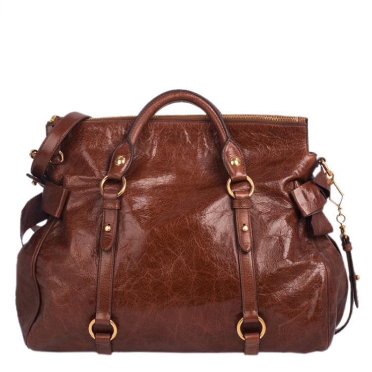 Pre Owned Miu Miu Dark Brown Vitello Lux Leather Bow Top Handle Bag