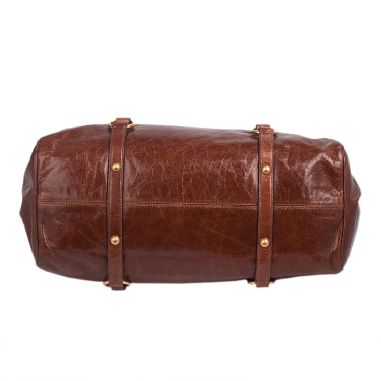 Pre Owned Miu Miu Dark Brown Vitello Lux Leather Bow Top Handle Bag