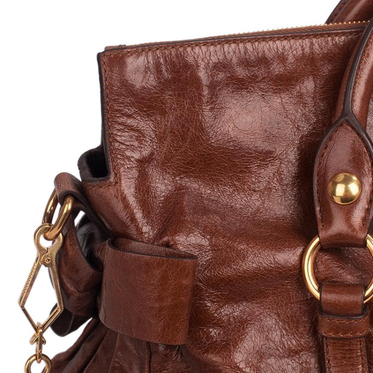 Pre Owned Miu Miu Dark Brown Vitello Lux Leather Bow Top Handle Bag