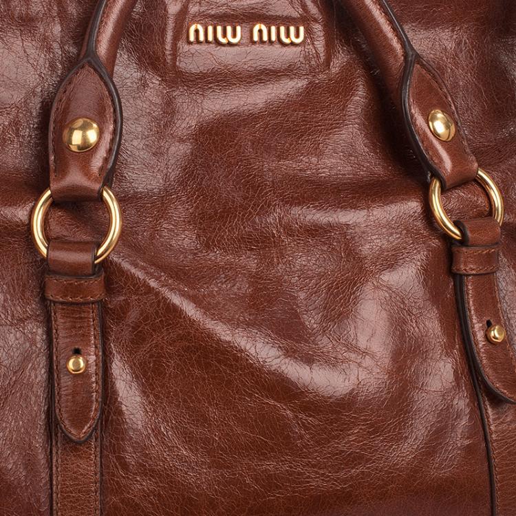 Pre Owned Miu Miu Dark Brown Vitello Lux Leather Bow Top Handle Bag