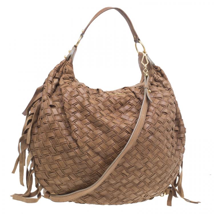 Pre Owned Miu Miu Brown Woven leather Fringe Hobo