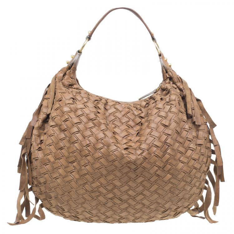 Pre Owned Miu Miu Brown Woven leather Fringe Hobo
