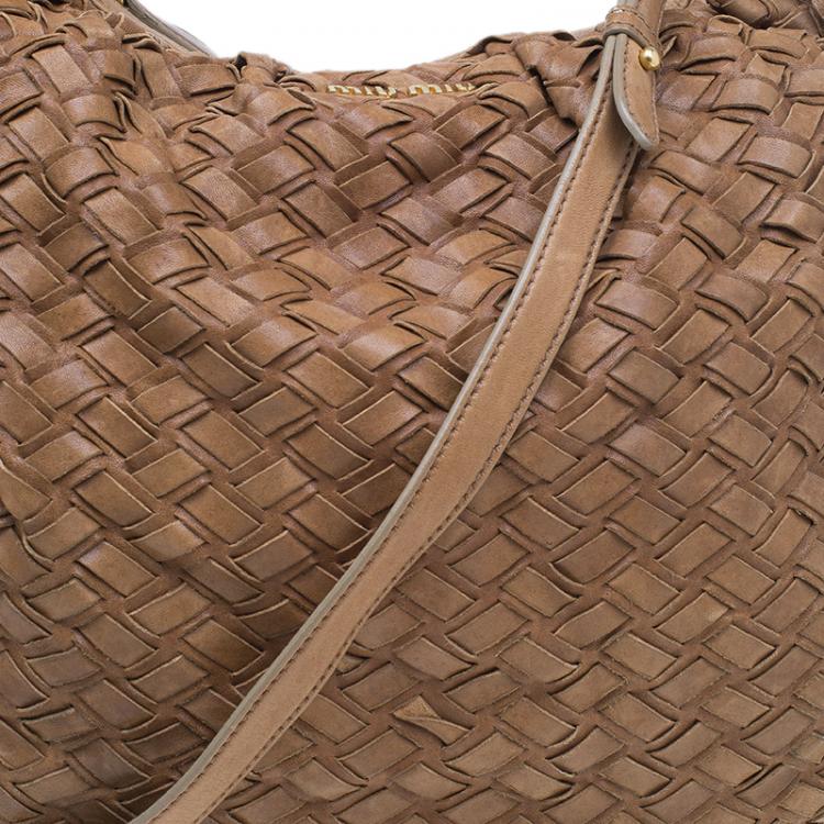 Pre Owned Miu Miu Brown Woven leather Fringe Hobo