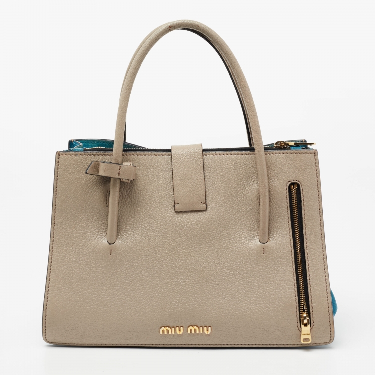 Pre Owned Miu Miu Beige/Blue Madras Leather Medium Tote