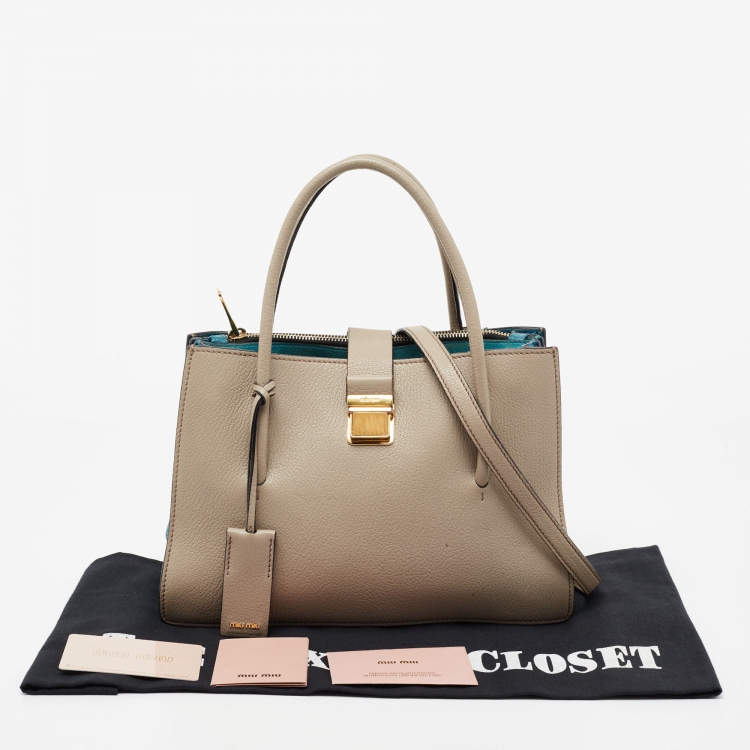 Pre Owned Miu Miu Beige/Blue Madras Leather Medium Tote