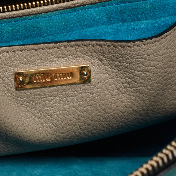 Pre Owned Miu Miu Beige/Blue Madras Leather Medium Tote