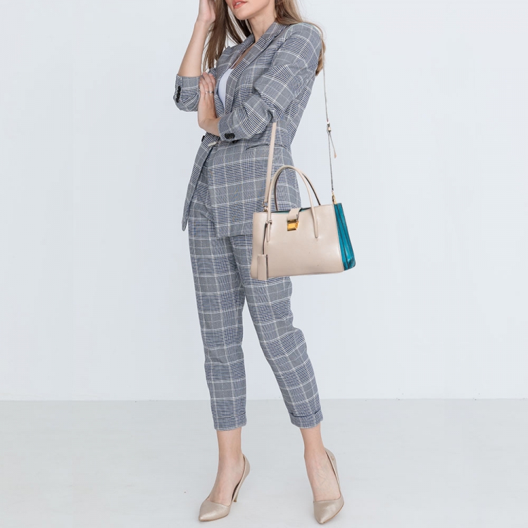 Pre Owned Miu Miu Beige/Blue Madras Leather Medium Tote