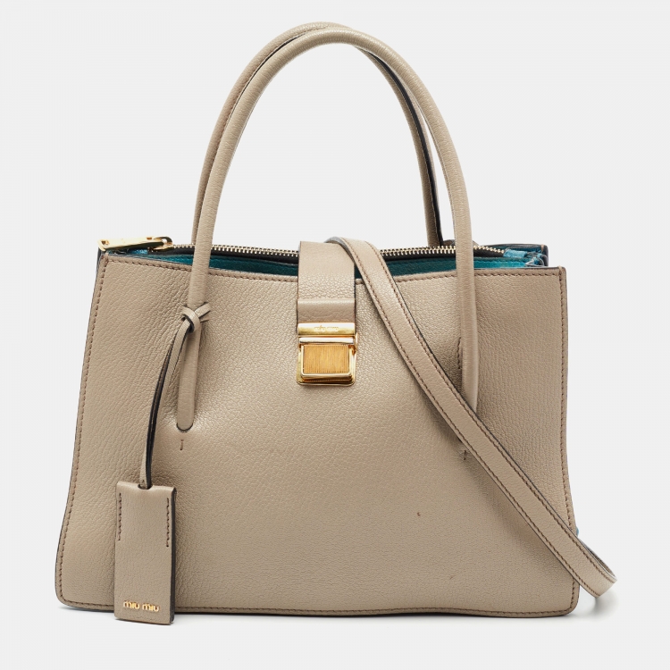 Miu Miu Beige/Blue Madras Leather Medium Tote Miu Miu | The Luxury Closet