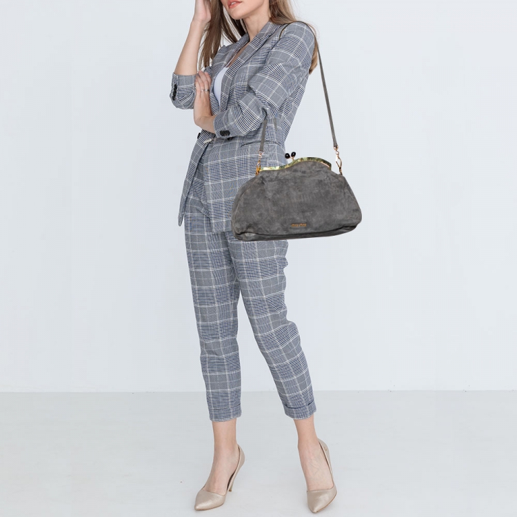 Pre Owned Miu Miu Grey Suede Oversized Kiss Lock Clutch