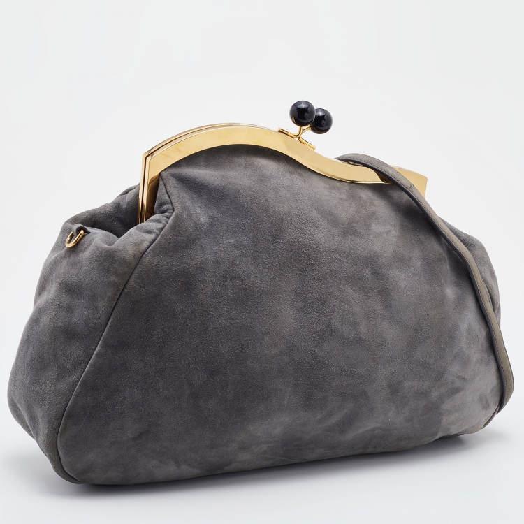 Pre Owned Miu Miu Grey Suede Oversized Kiss Lock Clutch