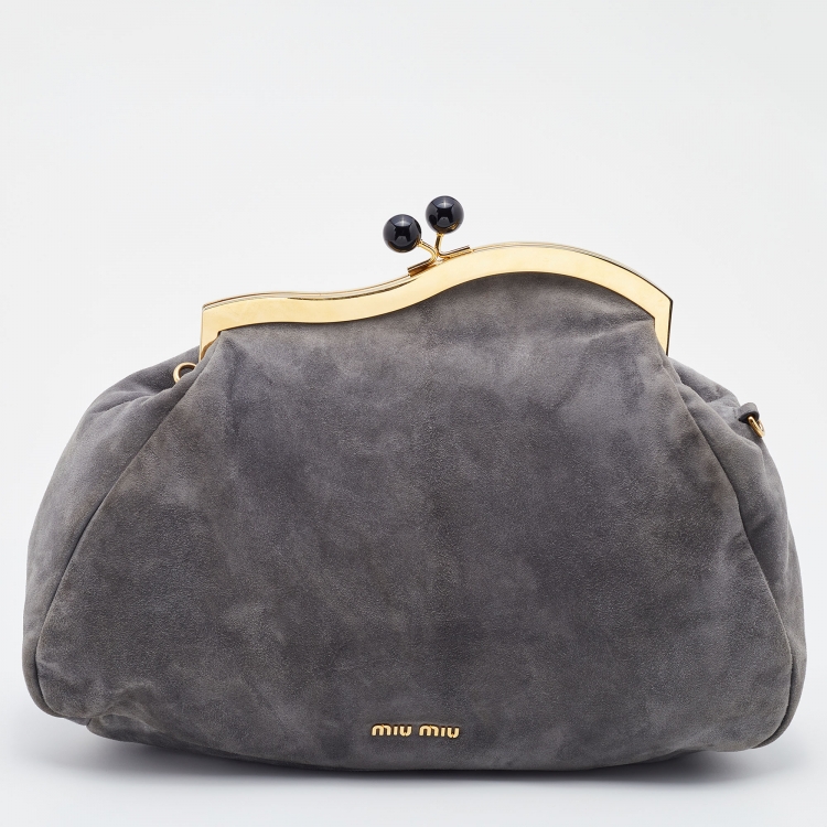 Pre Owned Miu Miu Grey Suede Oversized Kiss Lock Clutch
