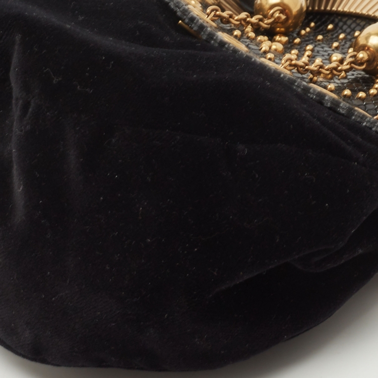 Pre Owned Miu Miu Black Velvet Tassel And Eyelet Embellished Studded Frame Chain Clutch 