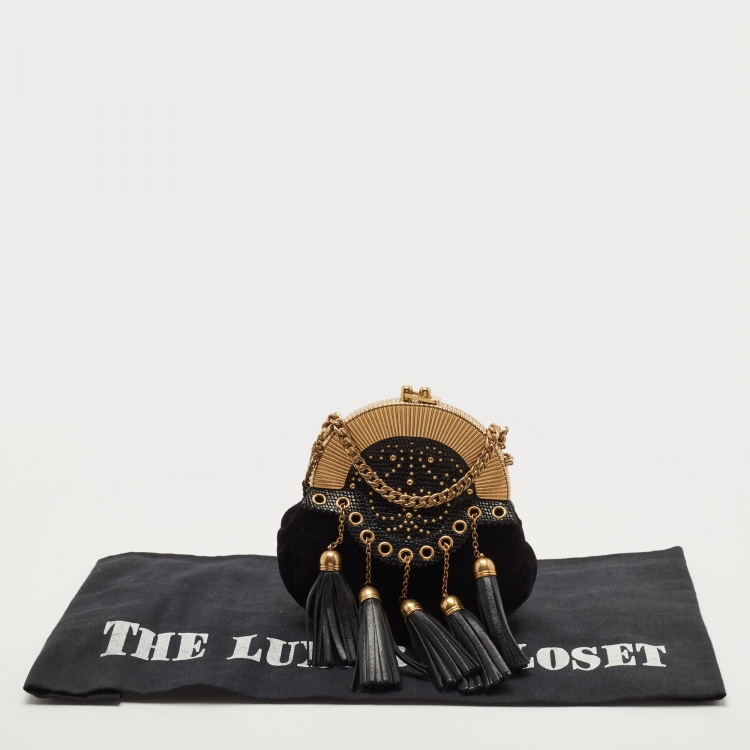 Pre Owned Miu Miu Black Velvet Tassel And Eyelet Embellished Studded Frame Chain Clutch 