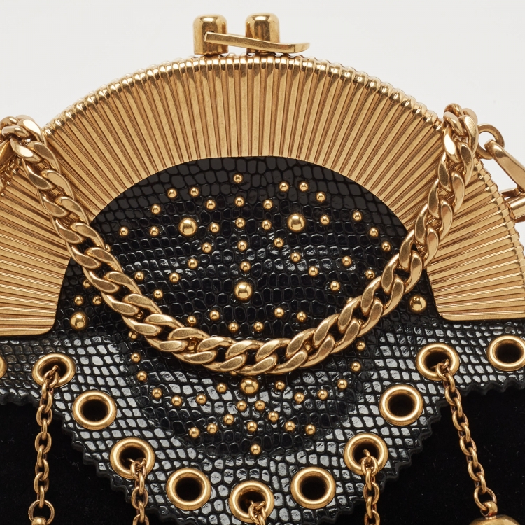Pre Owned Miu Miu Black Velvet Tassel And Eyelet Embellished Studded Frame Chain Clutch 