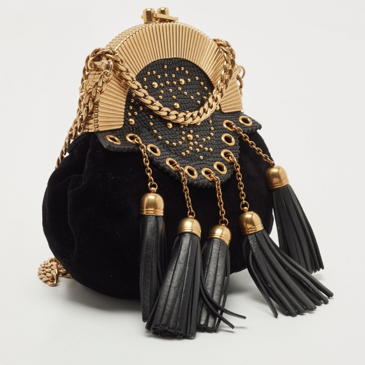 Pre Owned Miu Miu Black Velvet Tassel And Eyelet Embellished Studded Frame Chain Clutch 