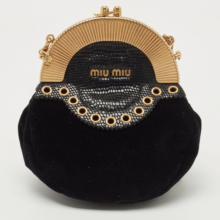 Pre Owned Miu Miu Black Velvet Tassel And Eyelet Embellished Studded Frame Chain Clutch 