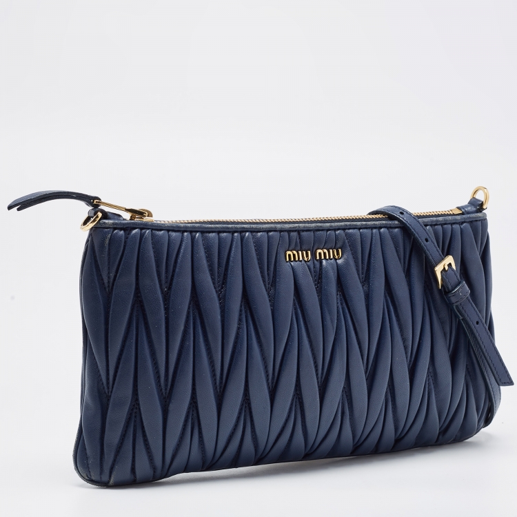 Pre Owned Miu Miu Navy Blue Matalasse Leather Clutch Crossbody Bag