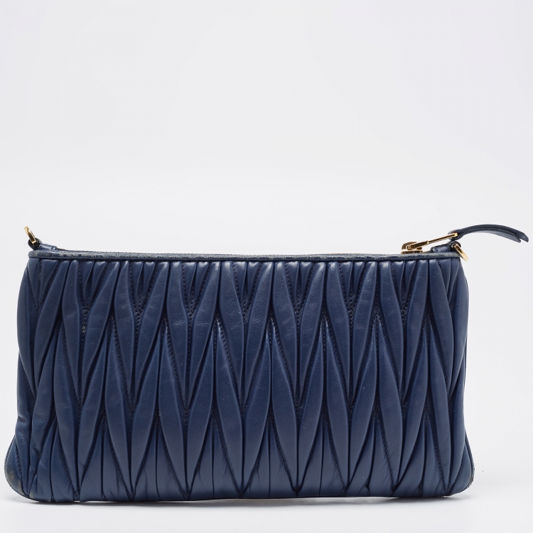 Pre Owned Miu Miu Navy Blue Matalasse Leather Clutch Crossbody Bag
