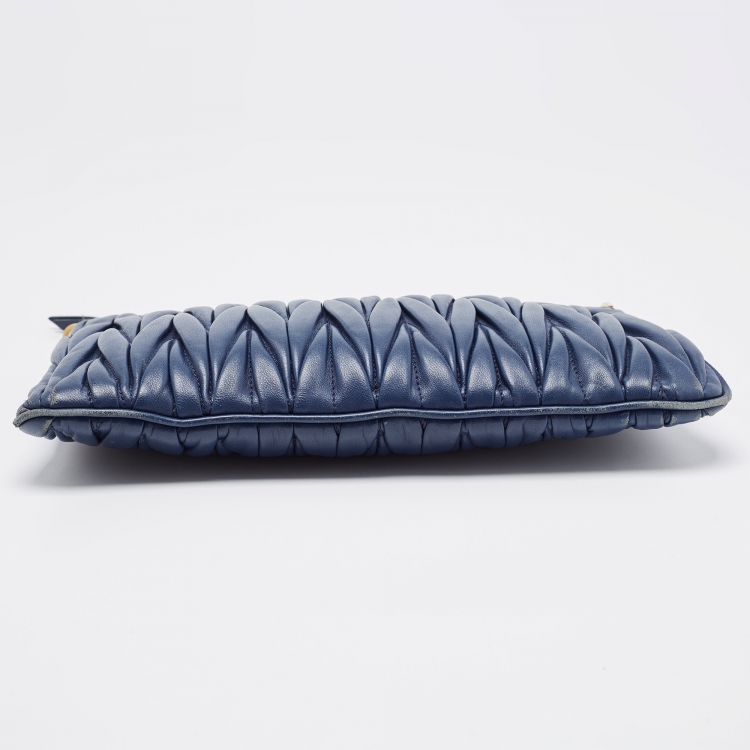 Pre Owned Miu Miu Navy Blue Matalasse Leather Clutch Crossbody Bag
