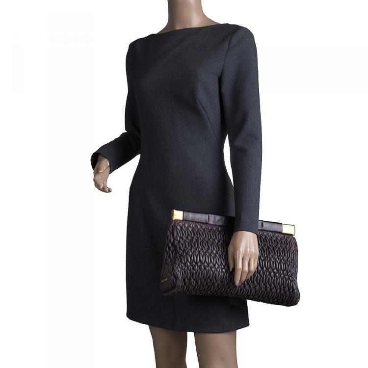 Pre Owned Miu Miu Dark Grey Matelasse Leather Frame Clutch