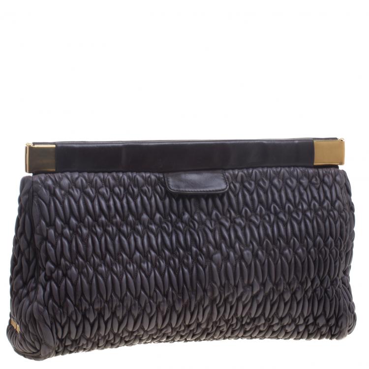 Pre Owned Miu Miu Dark Grey Matelasse Leather Frame Clutch