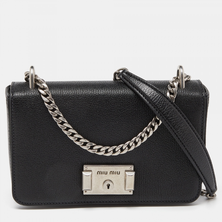 Pre Owned Miu Miu Black Madras Leather Flap Crossbody Bag