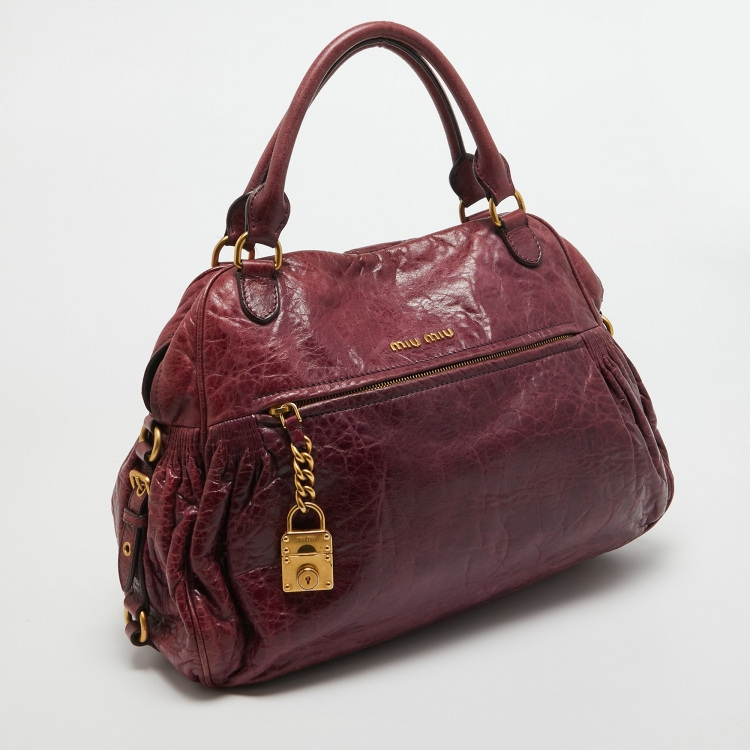 Pre Owned Miu Miu Purple Leather Lily Distressed Satchel