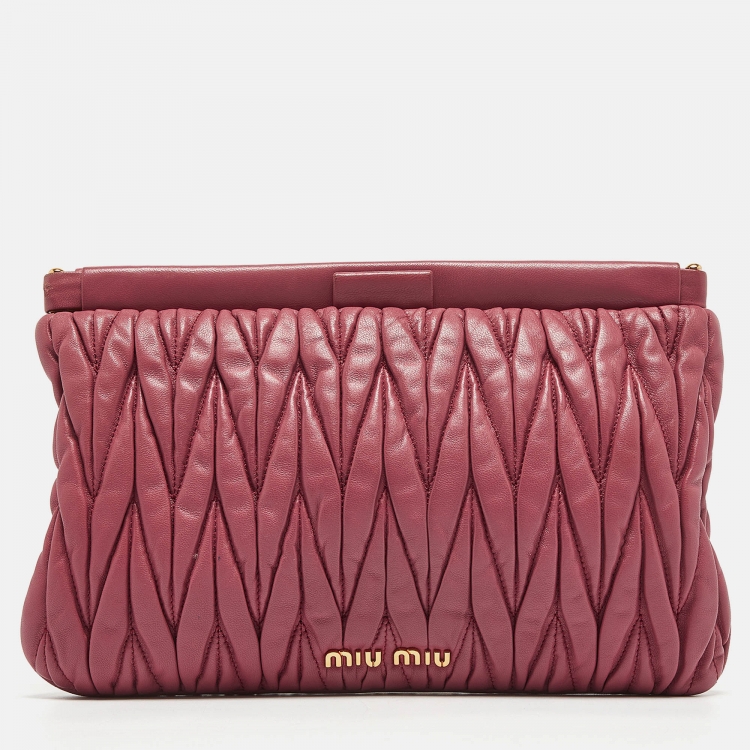 Pre Owned Miu Miu Dark Pink Matelassé Leather Frame Clutch