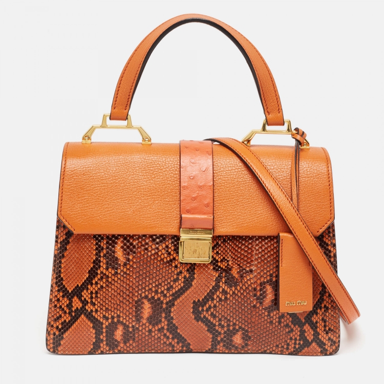 Pre Owned Miu Miu Orange Madras Patch and Python Top Handle Bag