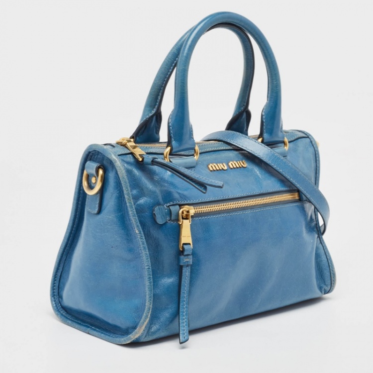 Pre Owned Miu Miu Blue Vitello Shine Leather Satchel