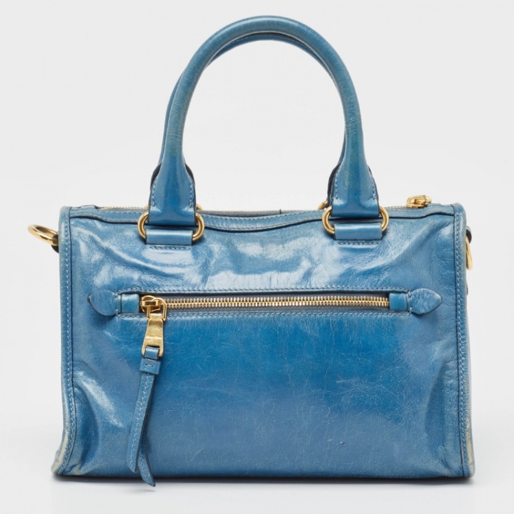 Pre Owned Miu Miu Blue Vitello Shine Leather Satchel